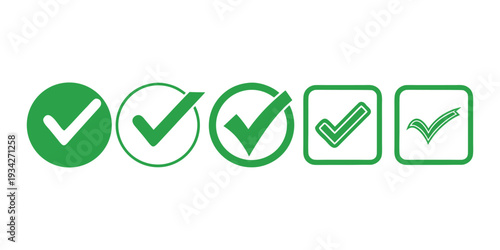 Green check mark icons set for approval, success and compliance