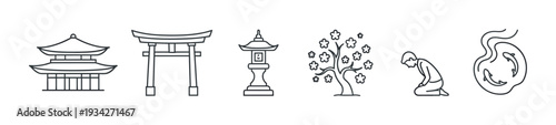 Japanese cultural icons collection featuring traditional symbols and elements of Asian heritage in a clean line art style.