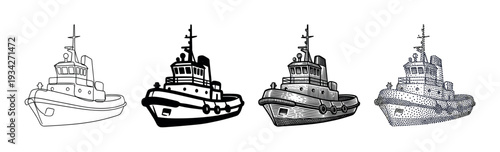 Four distinct tugboats depicted in various artistic illustration styles, showcasing different graphic techniques for maritime vessel design.