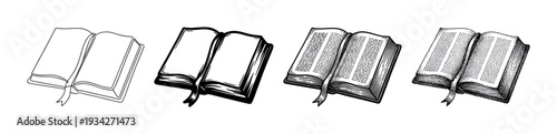 Four different styles of an open book with a bookmark, illustrating various artistic techniques for education and knowledge.