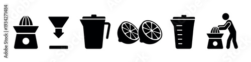 Citrus juicing process icons showing fresh homemade beverage preparation, including a juicer, fruit, and pitcher.