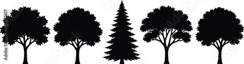 Tree silhouettes collection with deciduous and pine trees isolated on white background forest nature vector illustration set