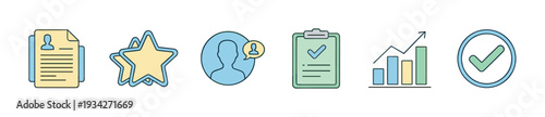 Set of business related icons illustrating concepts like resume, rating, user profile, checklist, growth, and success in a modern hand-drawn style.