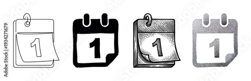 Four different calendar icons with the number one displayed prominently in various distinct artistic styles.