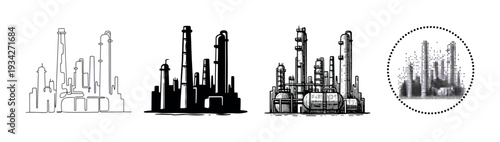Industrial factory refinery plant vector illustration set showcasing various artistic styles including line art, silhouette, sketch, and halftone dot patterns.
