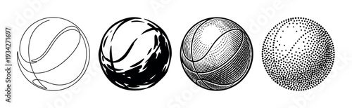 Four distinct basketball illustrations in various artistic styles showcasing different graphic techniques from line art to halftone patterns.