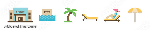 Resort vacation icons depicting a hotel building, swimming pool, palm tree, lounge chairs, and beach umbrella for travel and leisure.