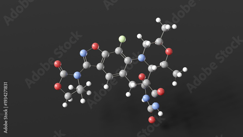 zoliflodacin molecule 3d, molecular structure, ball and stick model, structural chemical formula spiropyrimidinetrione antibiotic