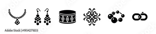 Collection of diverse black silhouette icons featuring jewelry, a drum, and decorative elements for various design projects.