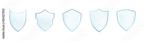 Transparent glass shield icon with realistic design, crystal-clear protective emblem symbolizing security and safety in modern vector illustration
