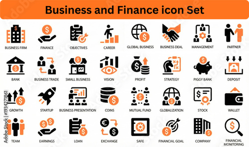 Business and finance icon set silhouette vector on white background 