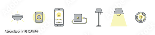 Smart home lighting system icons illustrating modern technology for automated light control and energy efficiency.