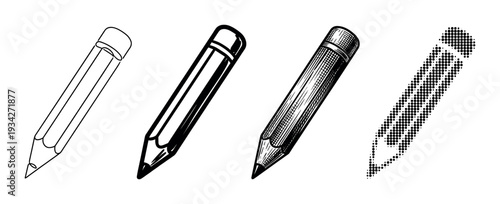 Pencil illustrations showcasing different artistic styles including outline, solid, engraved, and halftone patterns.