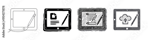 Digital tablet icons featuring a stylus and various document symbols, presented in a range of unique artistic styles.