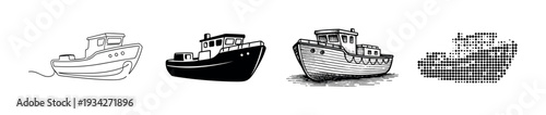 Fishing boat illustrations in various artistic styles, including outline, solid silhouette, detailed engraving, and halftone dot patterns.