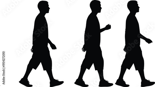 Walking man silhouettes in side view poses, casual male figure collection isolated in black and white illustration set