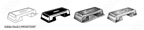 Four different stylized aerobic step platforms for fitness and exercise routines are presented in a vector illustration.