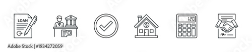 Loan banking real estate financial transaction outline icons representing various aspects of property mortgages and agreements.
