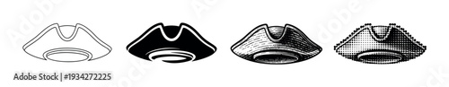 Four tricorn hat illustrations in various black and white styles, depicting historical headwear from different eras.