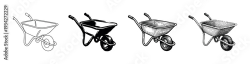 Four different wheelbarrow illustrations in various artistic styles showcasing outline, solid, engraved, and stippled designs.