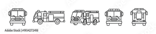Fire trucks emergency vehicles outline icons set representing various perspectives of rescue transportation.