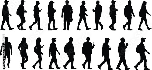 Walking people silhouettes collection with men and women using smartphones and carrying bags, black and white urban lifestyle illustration set