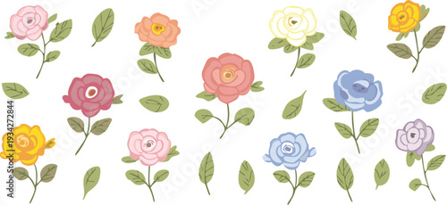Set 9 of hand drawn folk art colourful rose flower stalks and spring English garden blossoms series set, soft pastel botanical colours in transparent white background vector