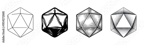 Collection of icosahedron geometric shapes is illustrated in four unique black and white graphic styles.