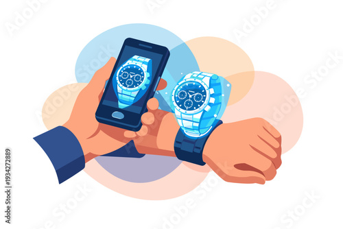 Man holding smartphone showing smartwatch interface on wrist.