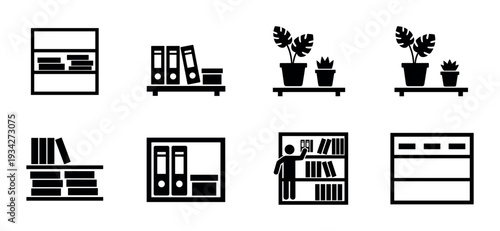 Shelves, books, and plants are depicted as a versatile set of minimalist black icons for various design projects.