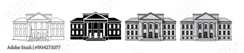 Four classical government buildings illustrated in various artistic styles, showcasing architectural diversity and historical significance.