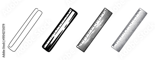 Four different rulers in various drawing styles are essential tools for precise measurement and design.