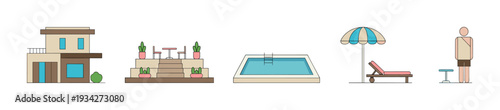 Resort elements collection featuring a building, pool, lounge area, and person for vacation concepts.