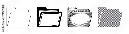 Folder icons in various artistic styles, including outline, solid fill, hatched, and halftone patterns, represent digital data organization.