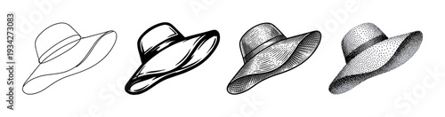 Collection of wide brim hats depicted with diverse black and white illustration techniques, perfect for summer fashion.
