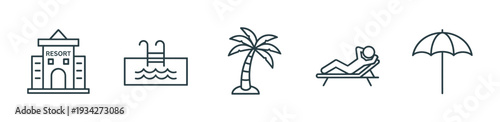 Comprehensive collection of resort and vacation icons illustrating popular summer holiday elements and activities.