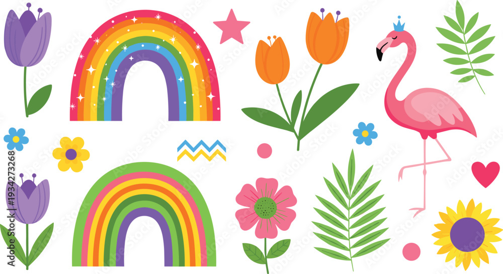 Naklejka premium Cute Rainbow and Flamingo Clipart Set with Flowers, Tropical Leaves, and Bright Summer Elements for Kids Nursery Design Vector Illustration
