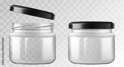Glass jars with metal black screw lid. Open and closed jars isolated on transparent background, packaging mockup template. Empty food or cosmetic product container. Realistic 3d vector illustration.