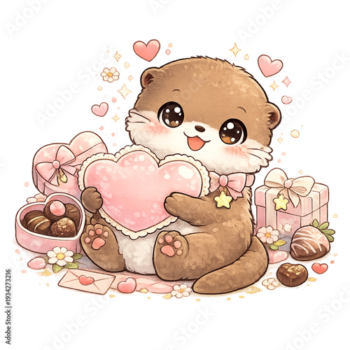 valentines otter with heart shaped gift, adorable romantic animal illustration, cute kawaii otter character design, holding a red heart present box, soft pastel pink and cream palette, rosy cheeks and