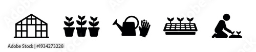 Gardening and planting icons representing the essential elements and activities involved in cultivating plants from seed to harvest.
