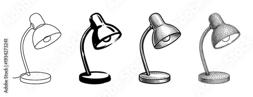 Four different desk lamp illustrations in varying artistic styles showcasing diverse graphic techniques for design projects.
