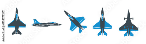 Collection of fighter jet military aircraft vector icons showing various modern warplanes in different views.