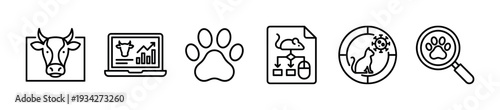 Veterinary medicine and animal science related icons depict various aspects of pet care, livestock management, and research data.