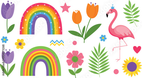 Cute Rainbow and Flamingo Clipart Set with Flowers, Tropical Leaves, and Bright Summer Elements for Kids Nursery Design Vector Illustration