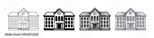 Traditional school building illustrations featuring various artistic techniques like continuous line, solid fill, engraving, and stippling.