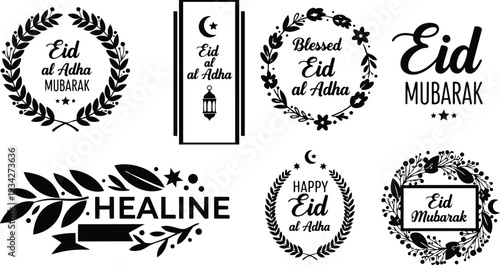 Minimalist black eid al adha wreath labels set with floral frames lantern crescent typographic badges vector layout for greeting cards banners and festive holiday decorations elements