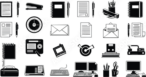 Flat design close up grid of desktop and stationery icons showing monitor keyboard pen pencil notebook envelope stapler stamp and office supplies in vector art black