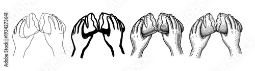 Hands cupped together in various artistic styles illustrating concepts of prayer, giving, and receiving.