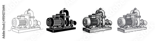 Industrial electric pump system illustration set showcasing various artistic styles including outline, silhouette, engraved, and halftone.