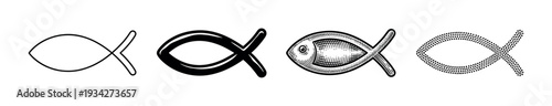 Ichthys Christian fish symbol religious icons set collection showcasing diverse artistic styles and textures.